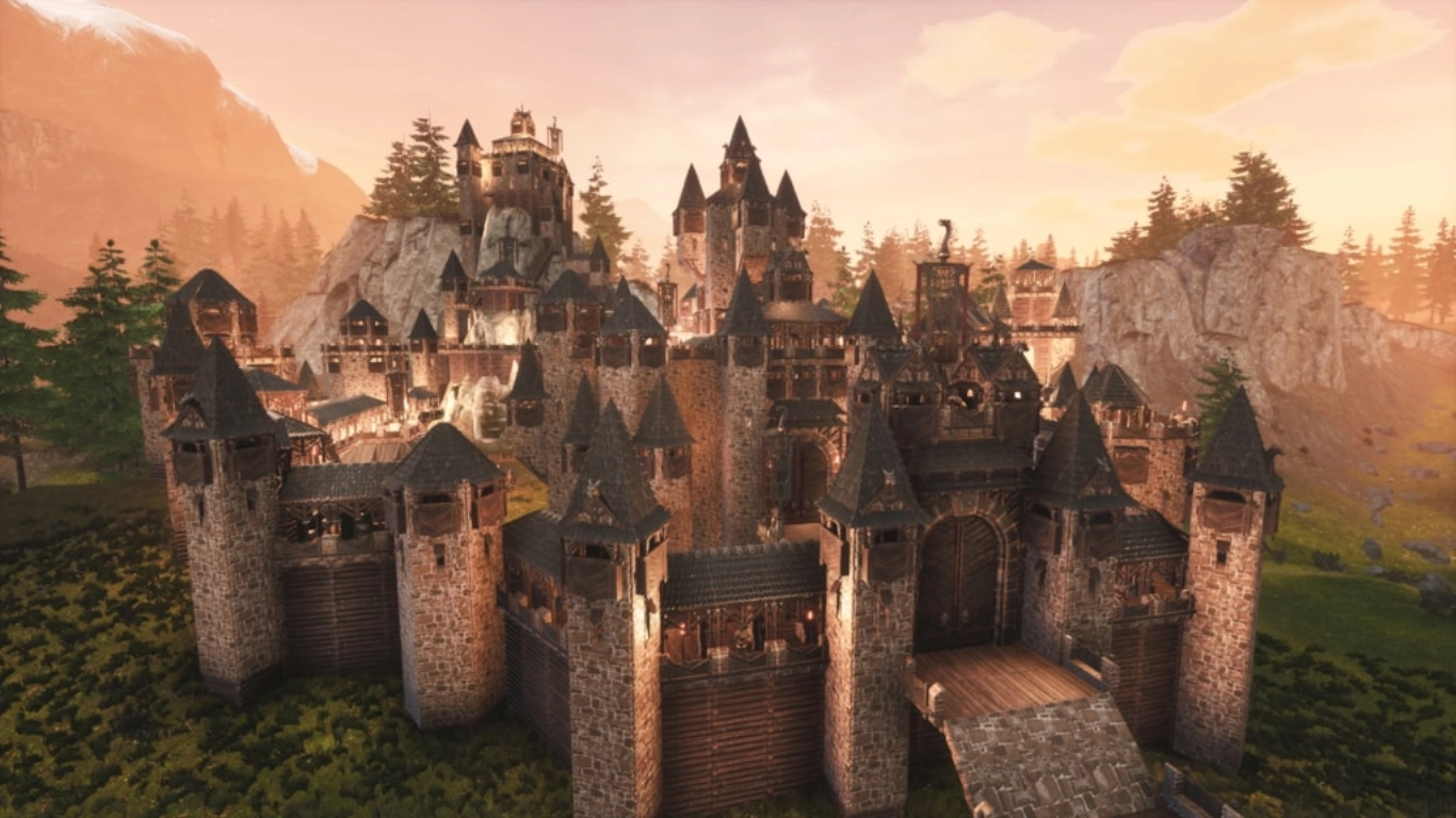 Conan Exiles Nemedian building set with fortress walls and golden accents