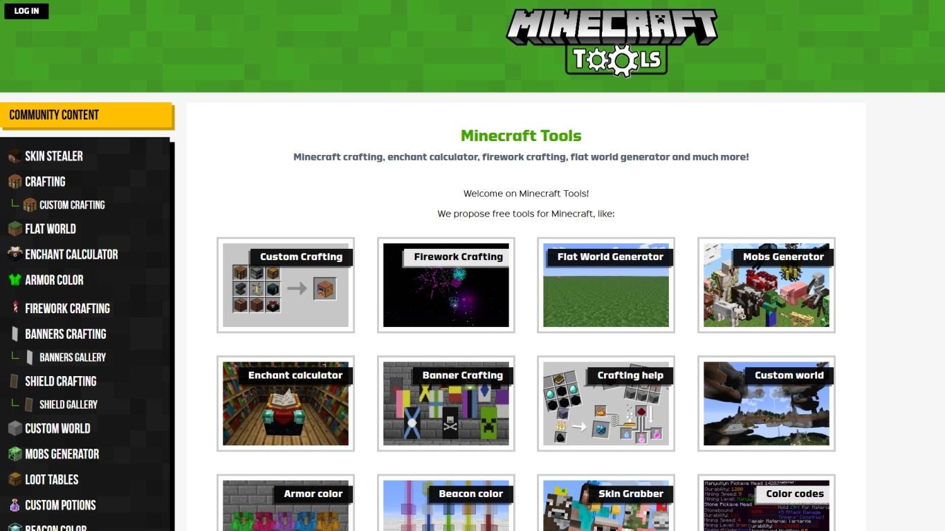 Screenshot of the Minecraft Tools website