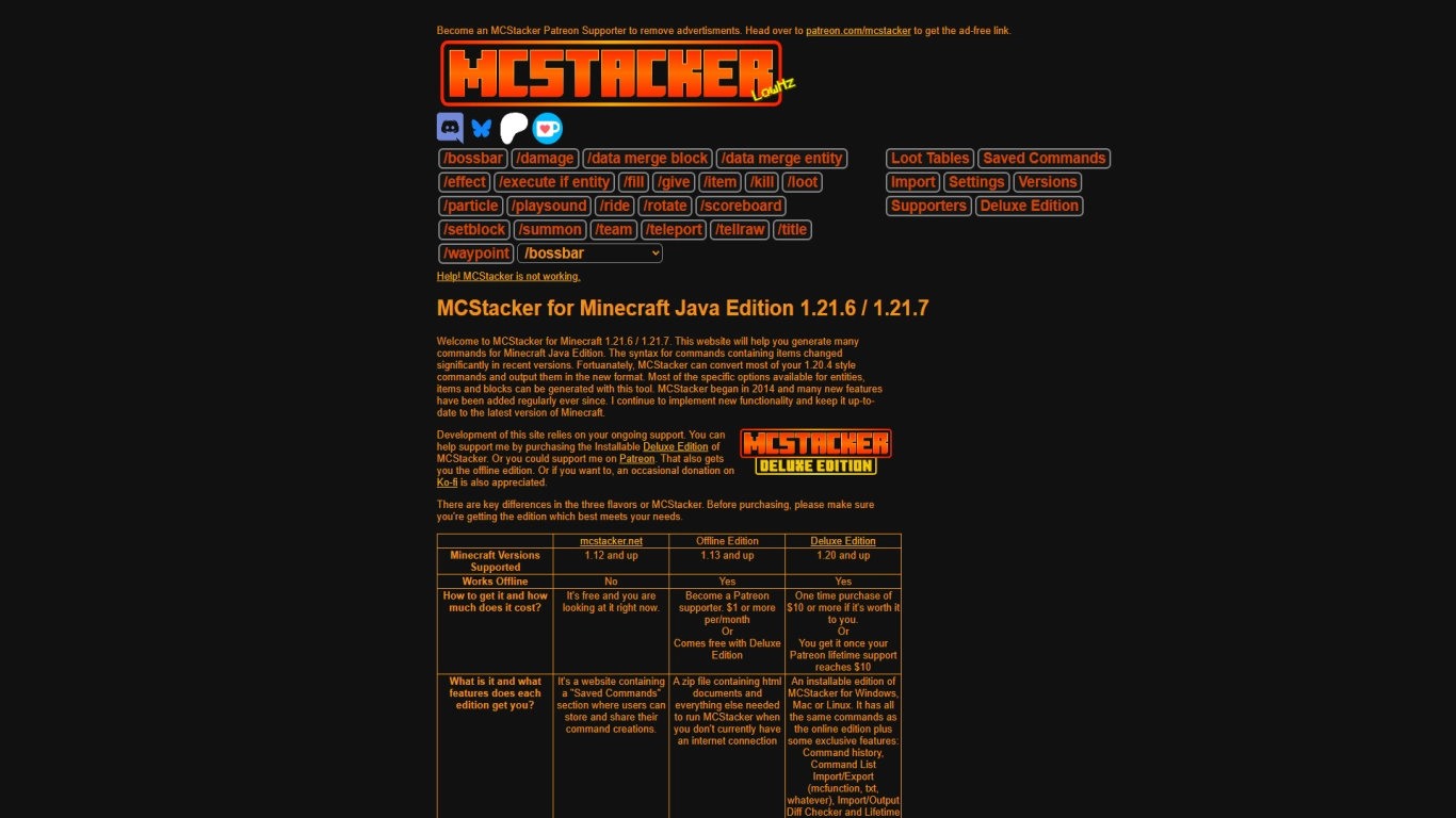 Screenshot of the MCStacker website