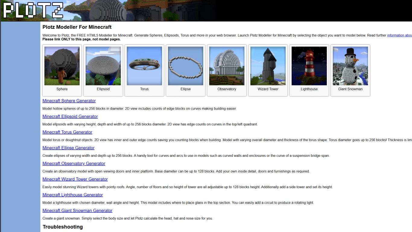 Screenshot of the Plotz website