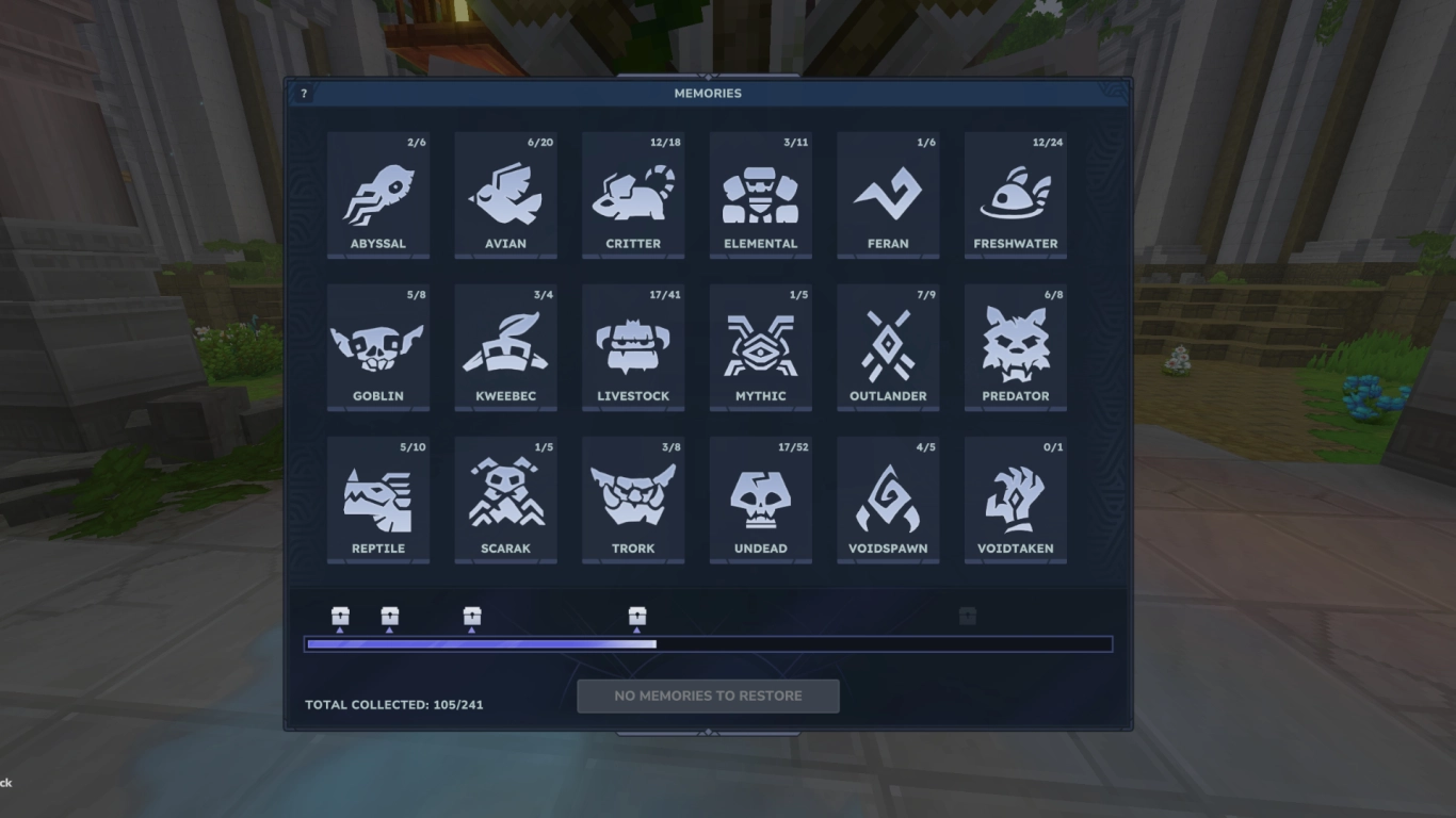 Hytale inventory with collected Memories at the Heart of Orbis statue