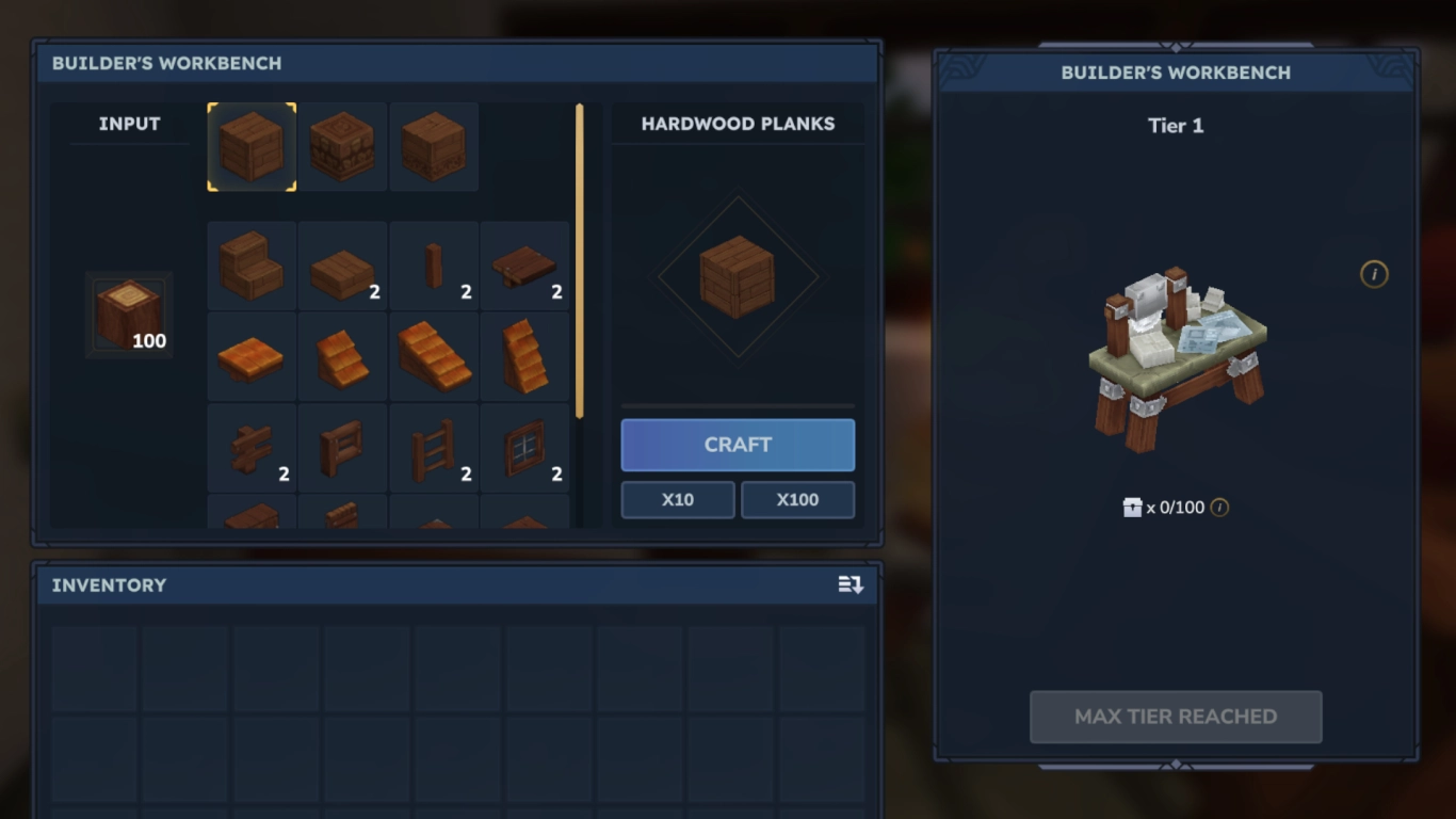 Hytale Builder's Workbench with recipes for wooden blocks