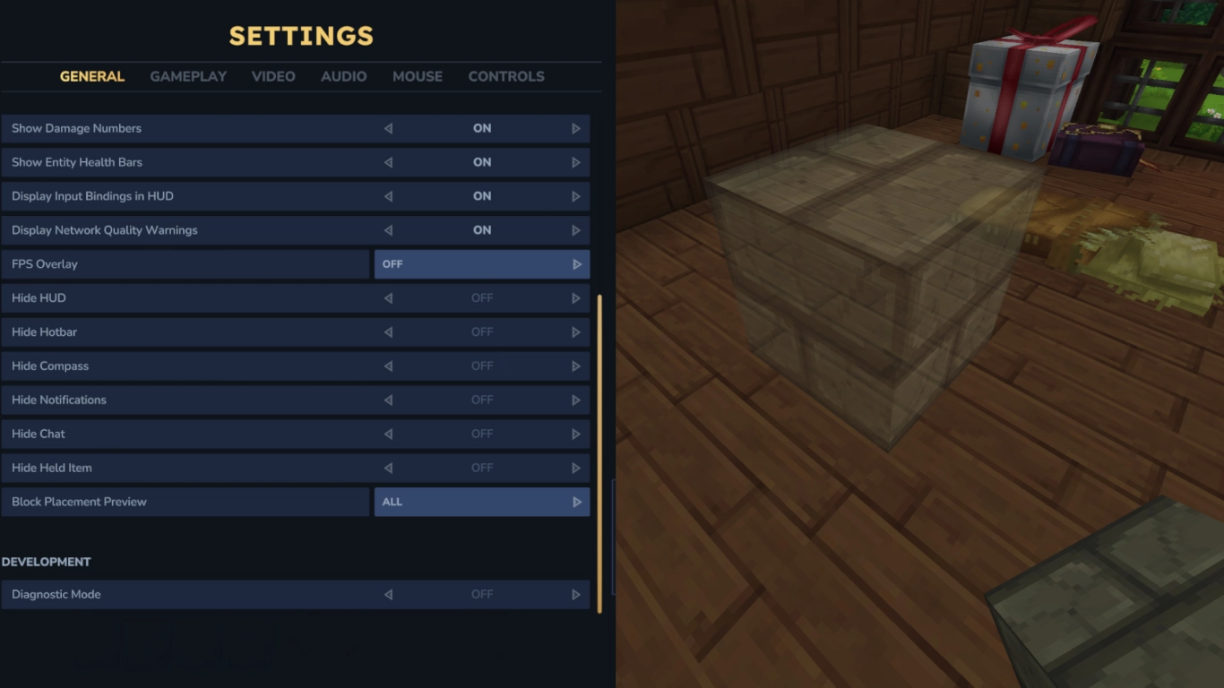 Hytale show block outline with Block Placement Preview set to All