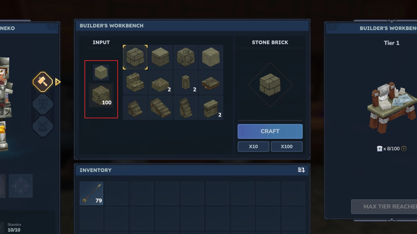 Hytale Builder's Workbench with options like slabs, stairs, ornaments, and columns