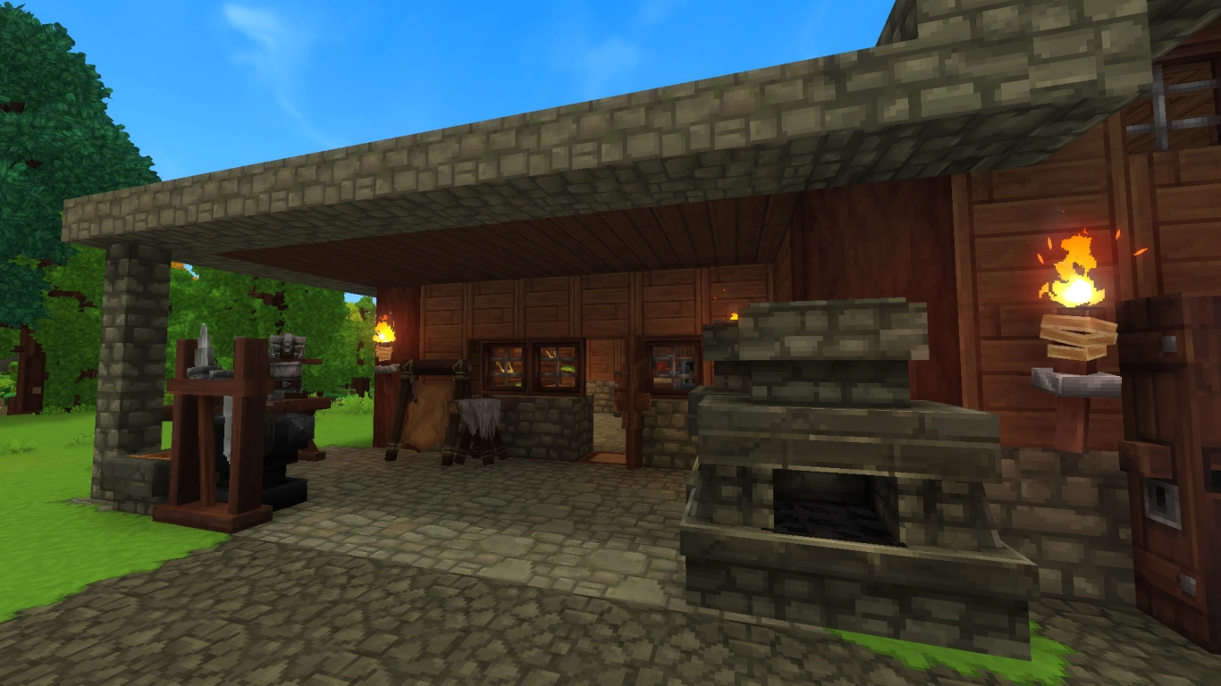 Hytale smithy with Furnace, Armorer's Workbench, and Blacksmith's Anvil for smelting ore