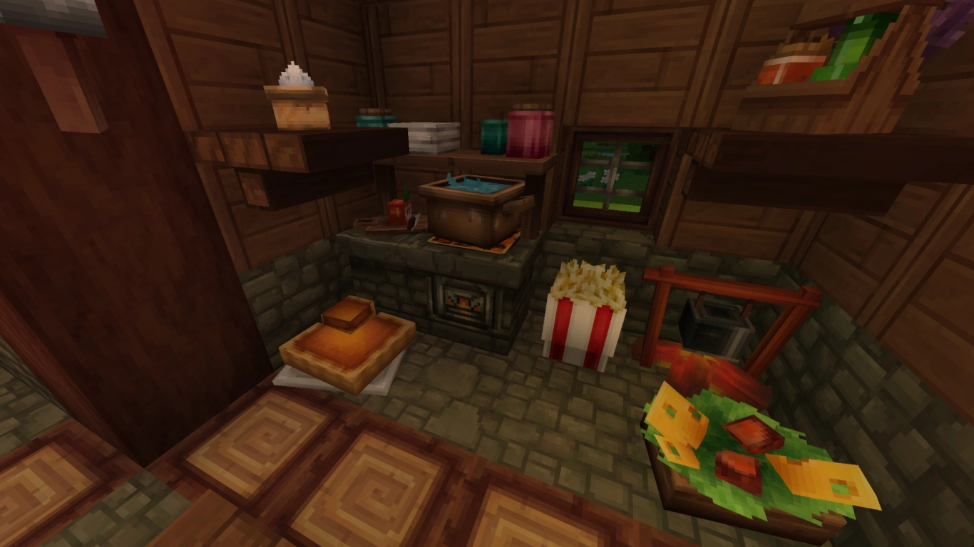 Hytale kitchen with Chef's Stove, pantry, and ingredients