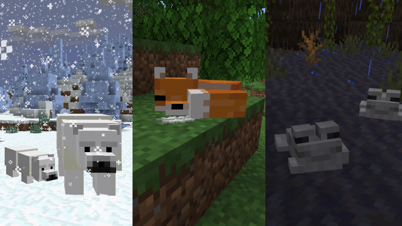 Rare animals in Minecraft biomes: frogs, polar bears, and foxes