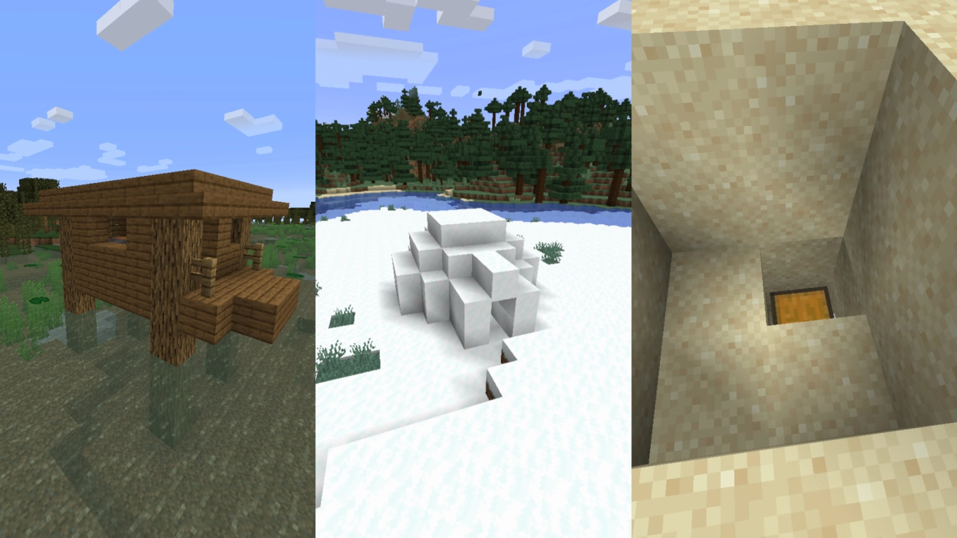 Structures in Minecraft by biome: swamp hut, igloo, and trial chamber