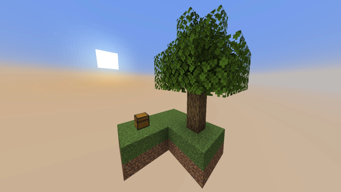 Minecraft Skyblock challenge on a small island with a tree and chest