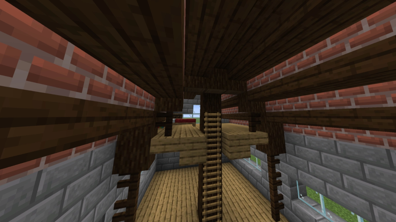 Minecraft roof interior: ceiling height, open gable, and support beams