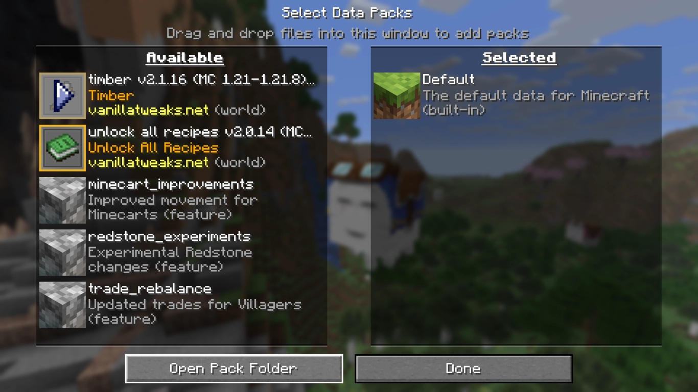 Minecraft Data Packs menu when creating a world