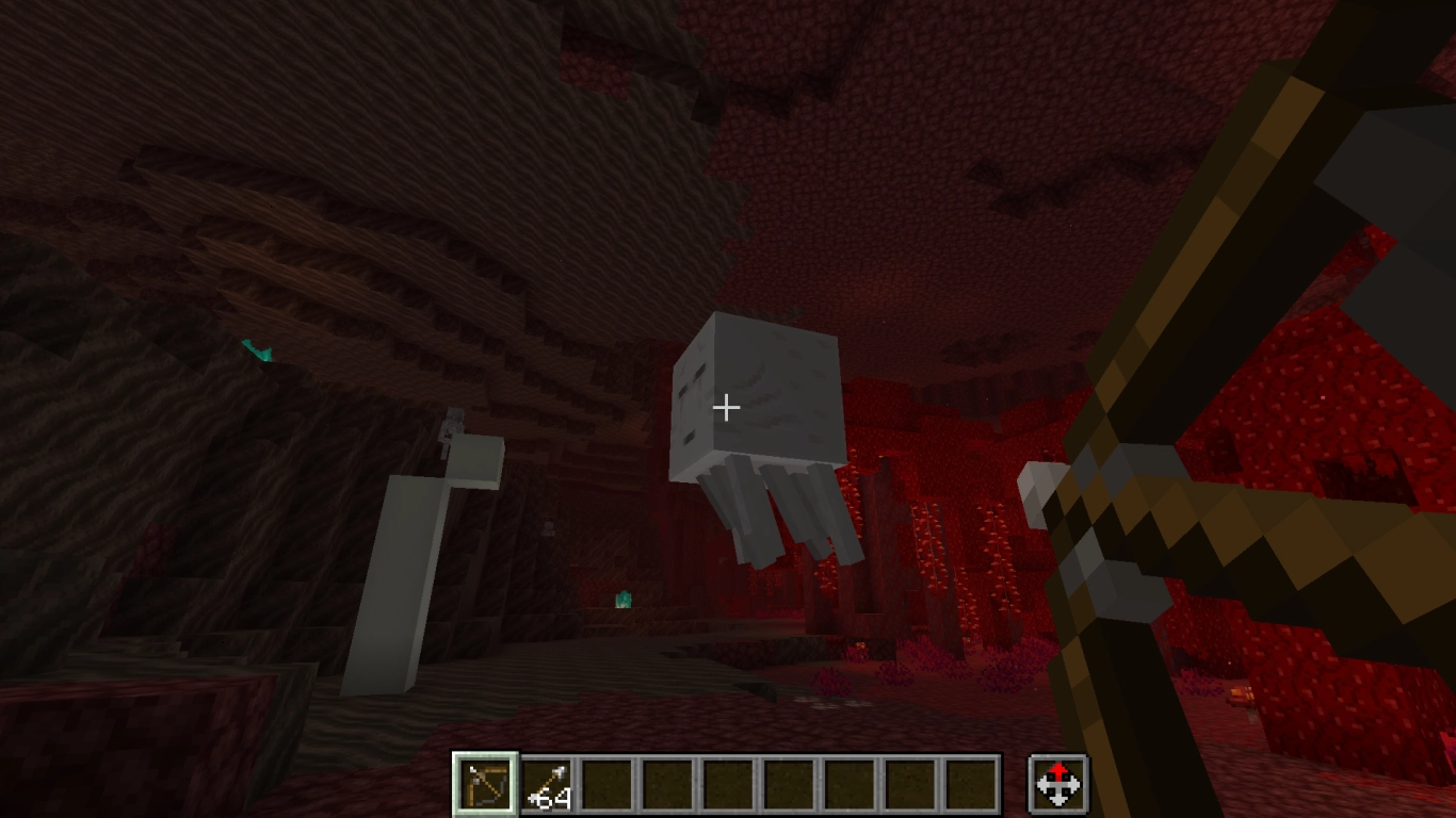 Fighting a Ghast with a bow and reflected fireballs in Minecraft