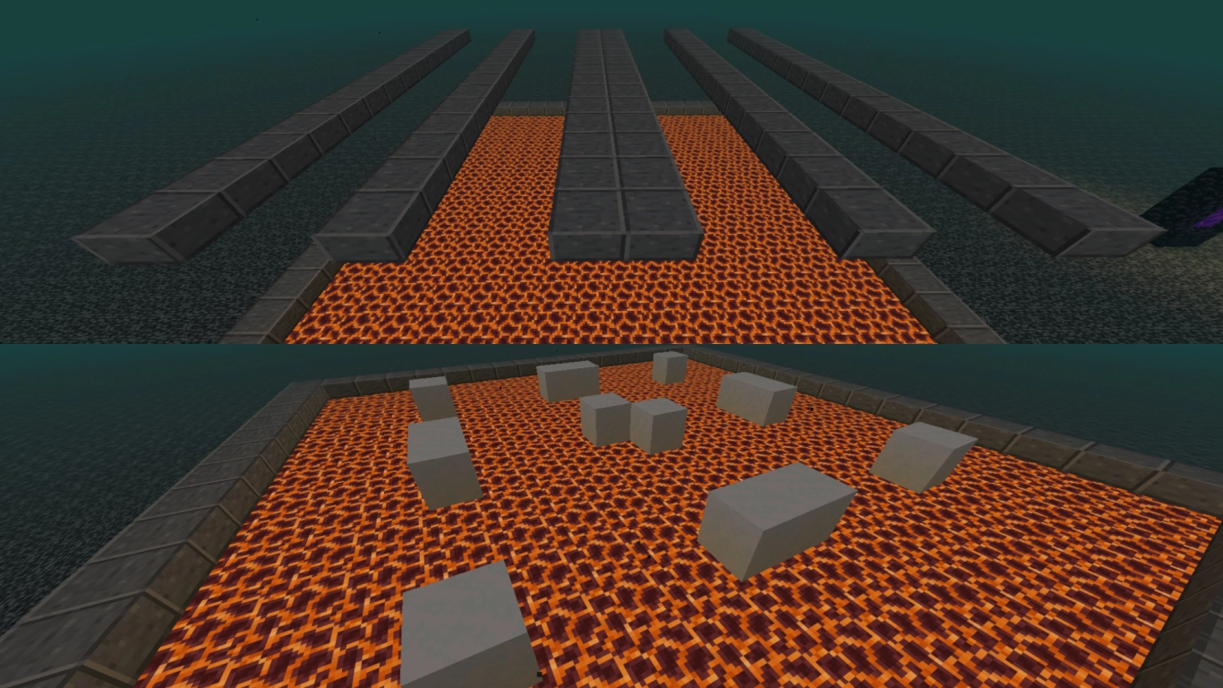 Spawn platform with magma blocks, slabs, and powdered snow in Minecraft