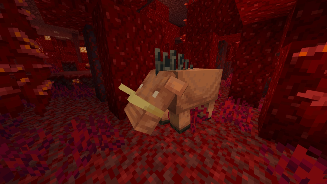 Hoglin in a Crimson Forest in the Nether in Minecraft