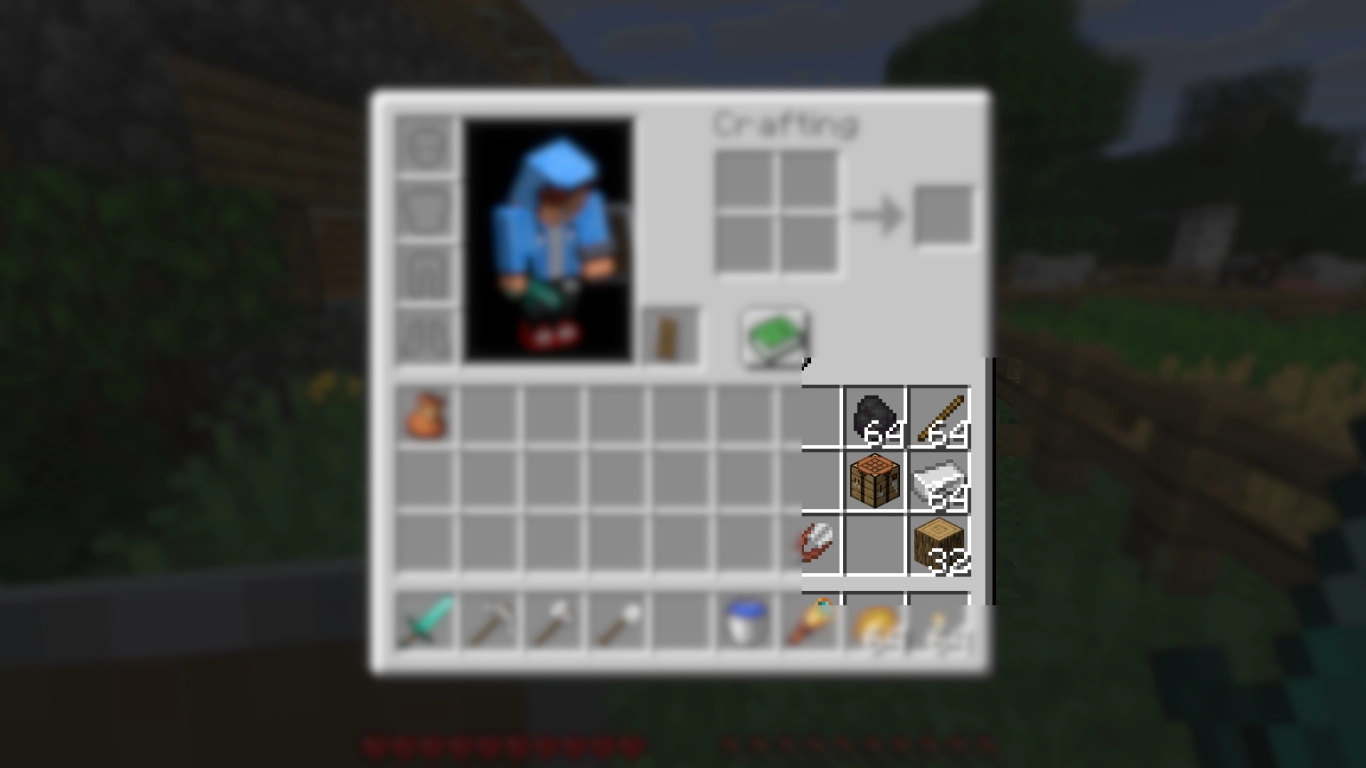 Crafting table, sticks, coal, iron, and wood for crafting in Minecraft
