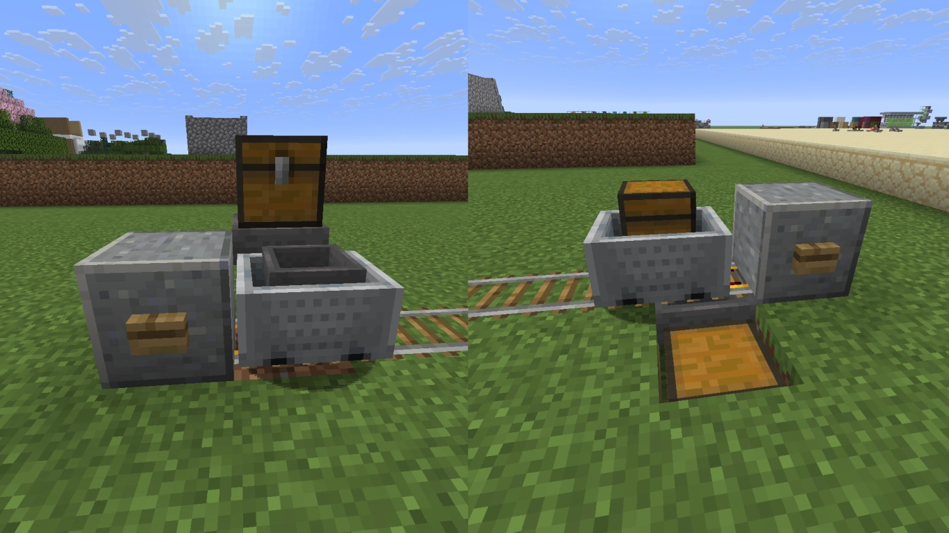 Minecraft minecart with hopper and minecart with chest on rails for item transport
