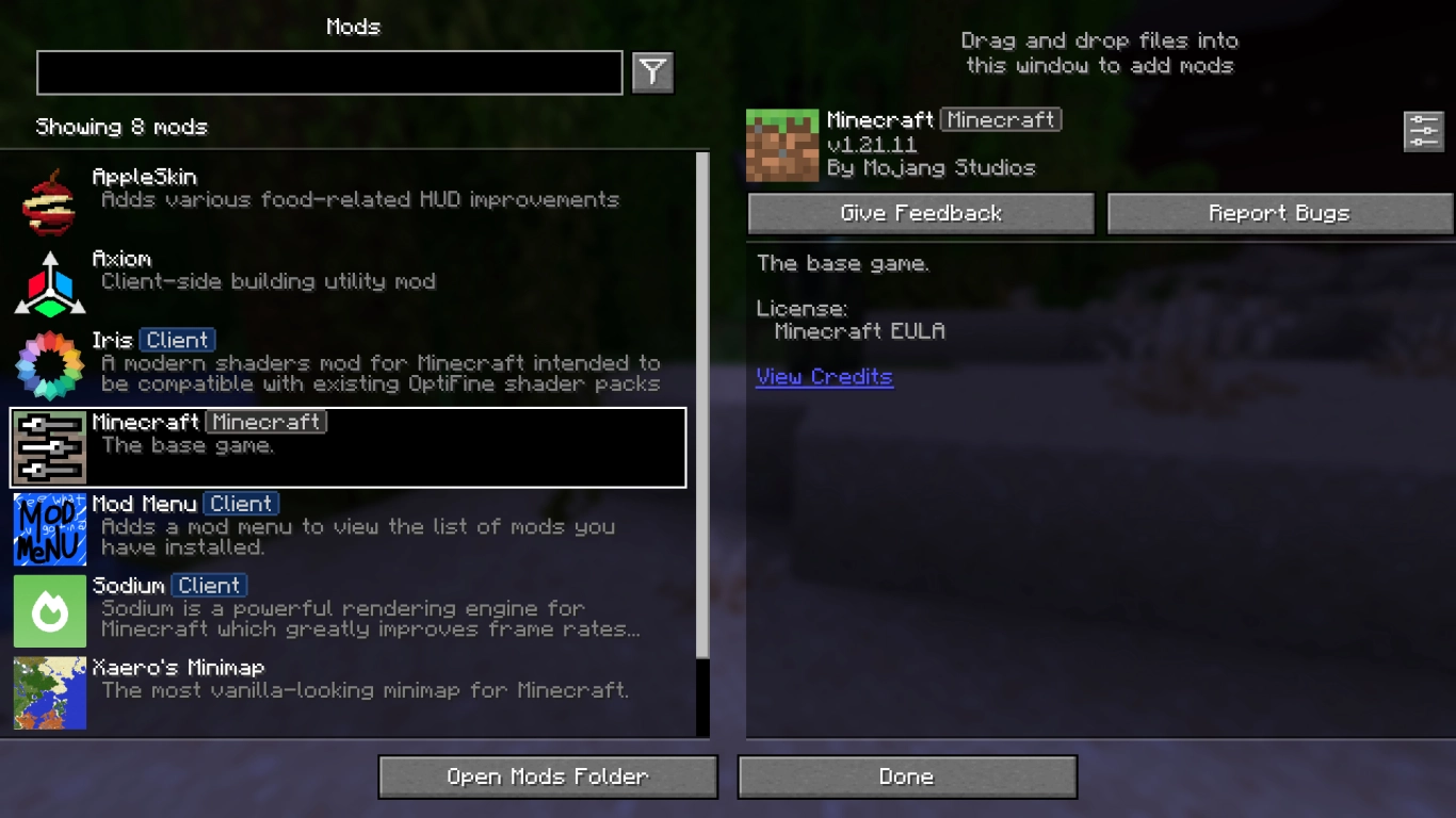 Minecraft Mod Menu for managing installed mods