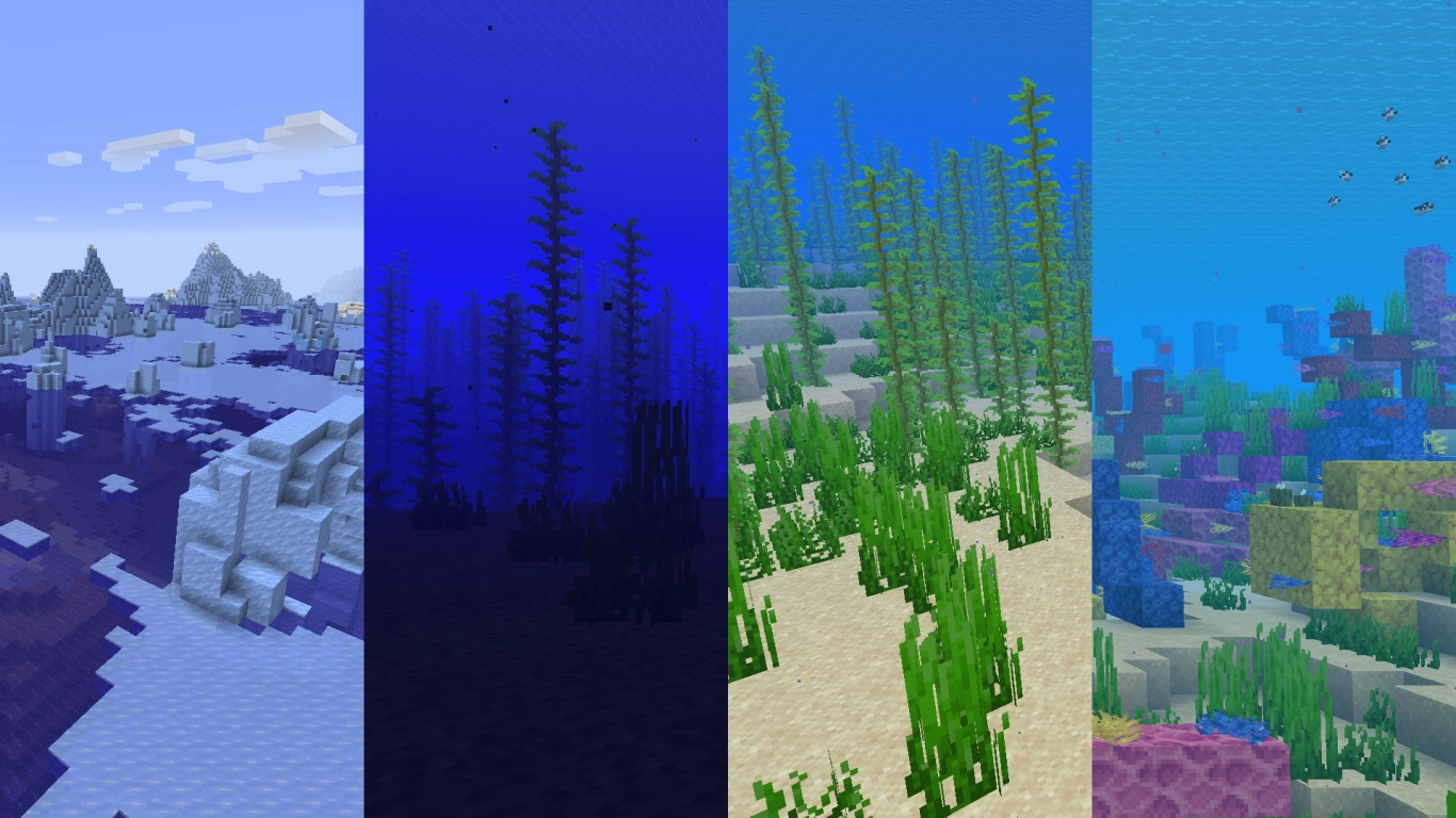 Overview of Minecraft ocean biomes with water color, temperature, and resources