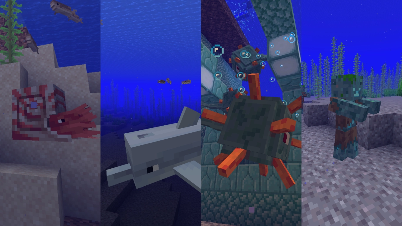 Minecraft sea life: dolphins, fish, Nautilus, and squid in the ocean