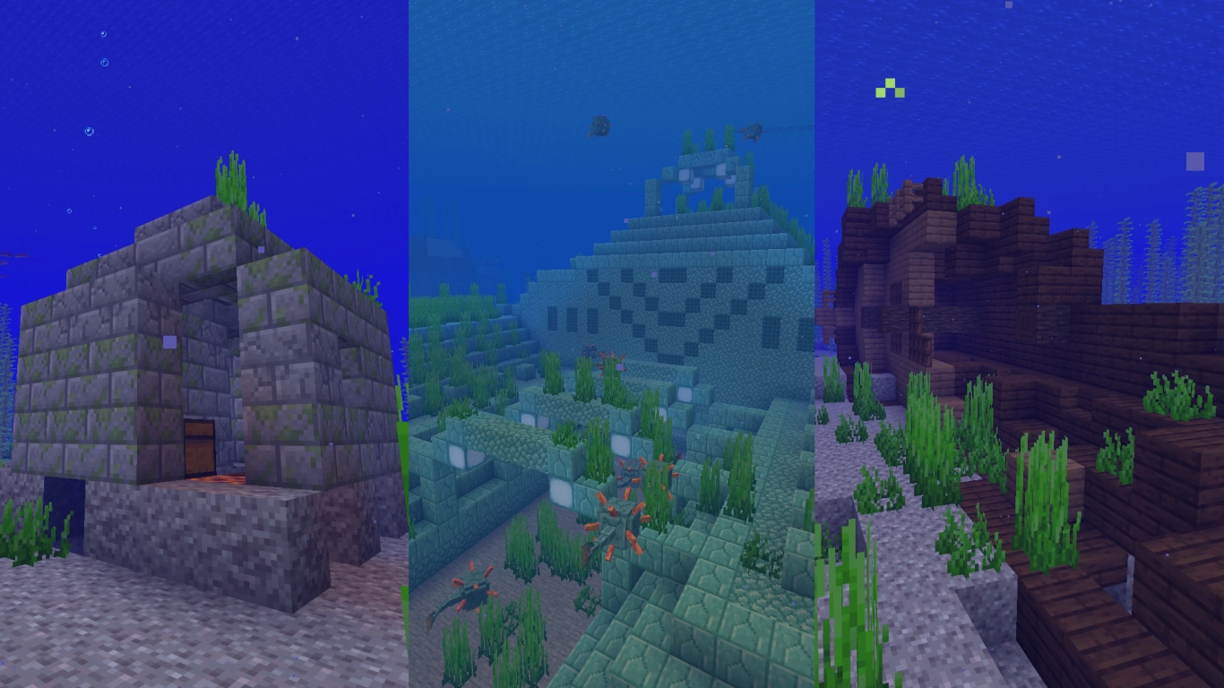 Minecraft ocean structures: shipwrecks, ocean ruins, and ocean monuments with valuable loot