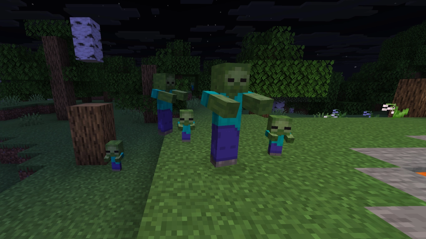 Minecraft baby zombie sprinting toward a player at night