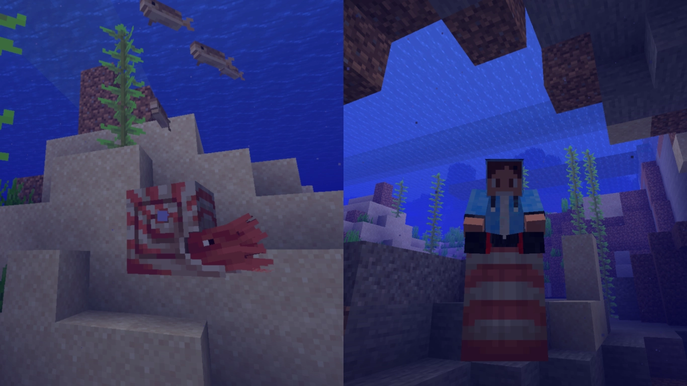 Minecraft riding the Nautilus underwater with Breath of the Nautilus