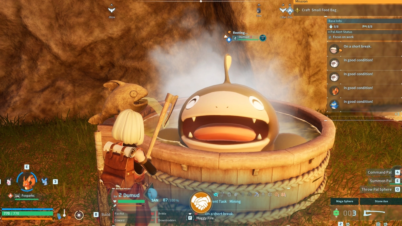 Ensuring Pal well-being in Palworld with beds, a Feed Box, and hot springs