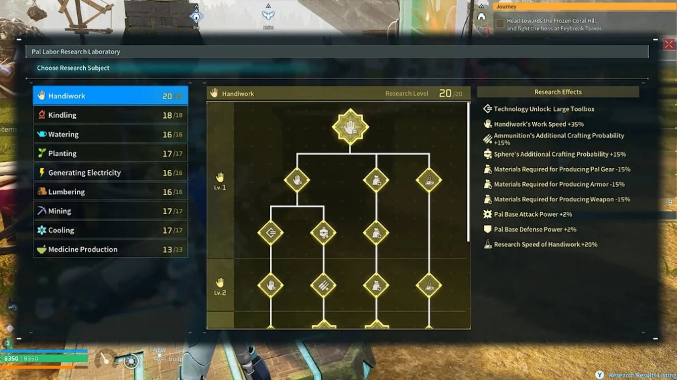 Overview of the Pal Work Institute skill trees and perks in Palworld
