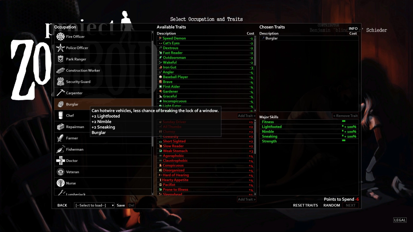 Character creation in Project Zomboid