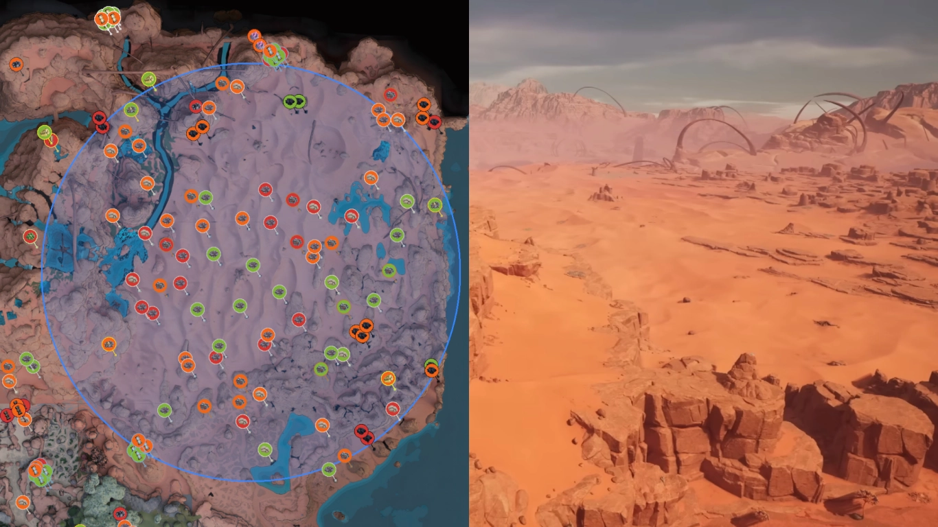 Satisfactory starting area Dune Desert with vast open areas and early coal