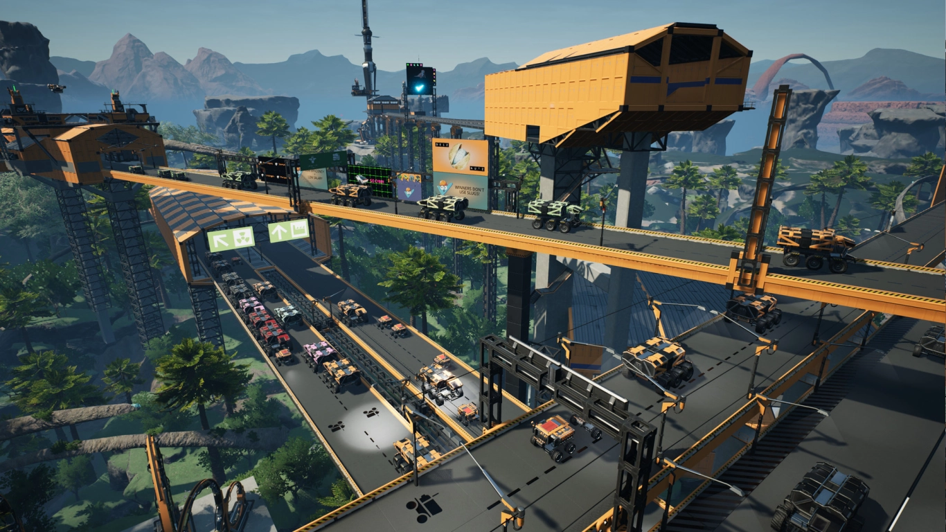 Transport routes in Satisfactory with conveyor belts, trains, trucks, and drones
