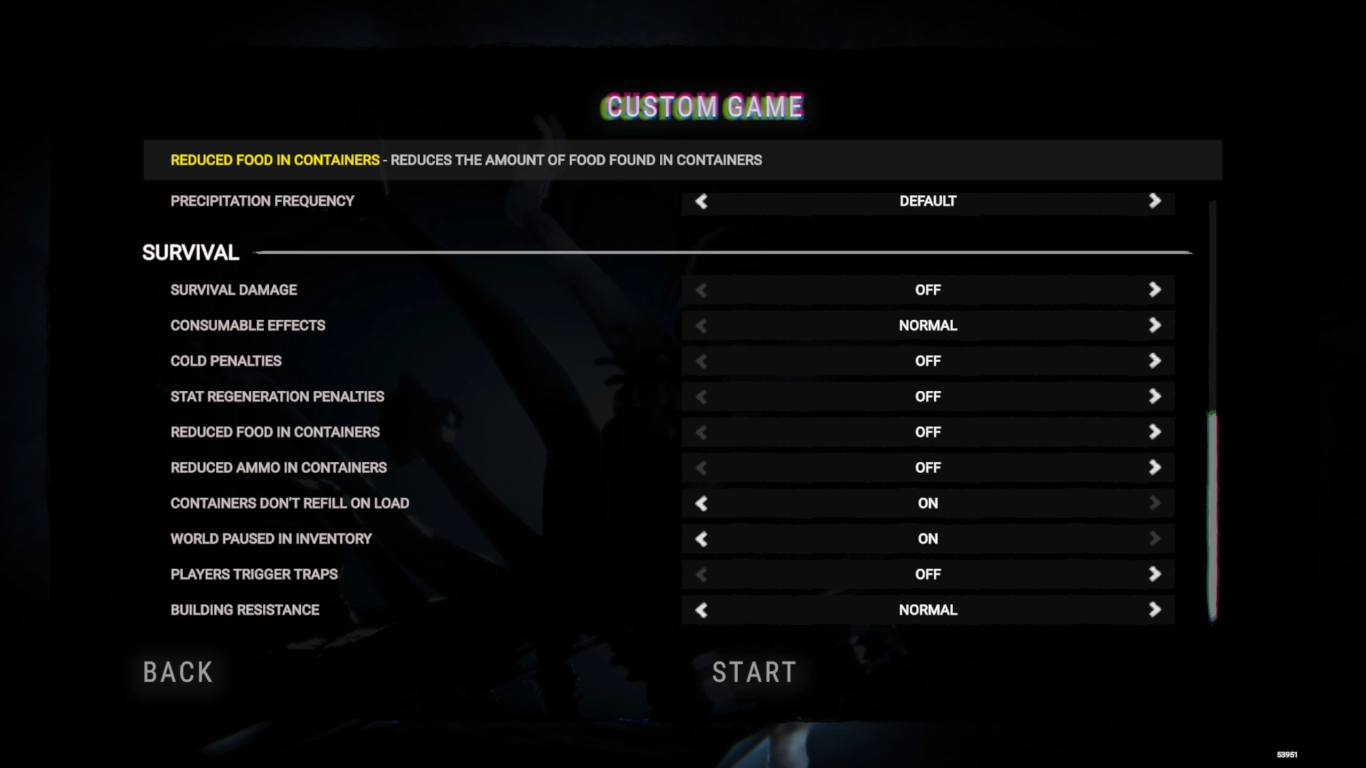 Settings menu in Sons of the Forest with difficulty levels and custom options