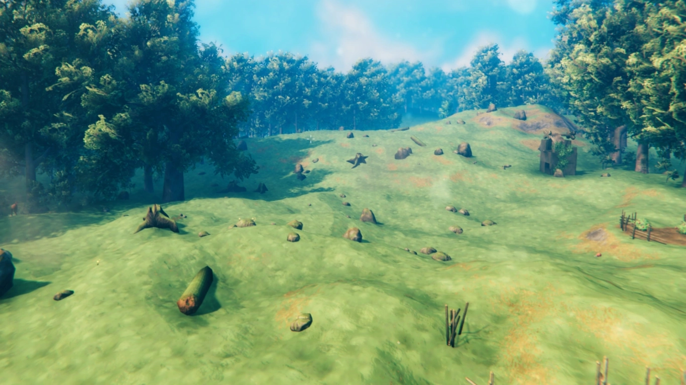 Valheim Meadows starter biome with grassy fields, deer, and Greylings