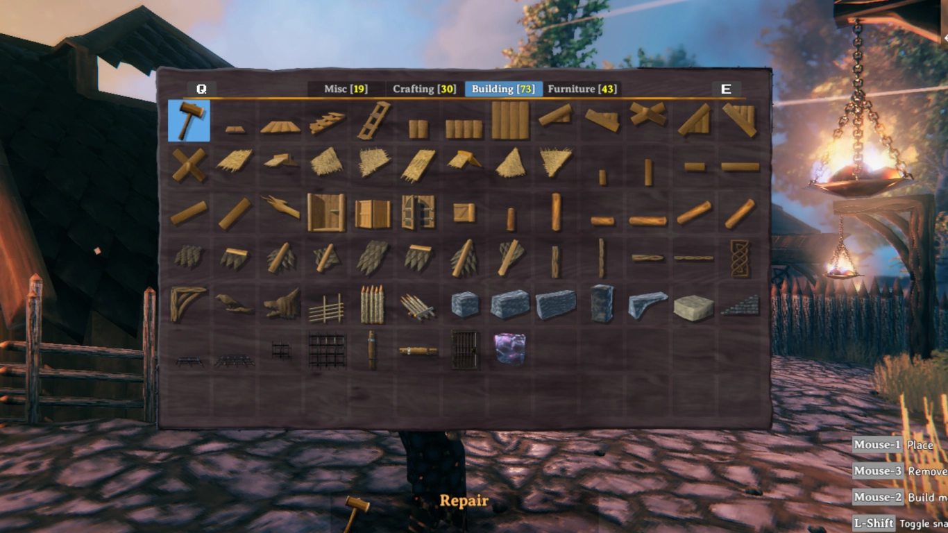 Valheim building system basics with workbench, hammer, and build pieces