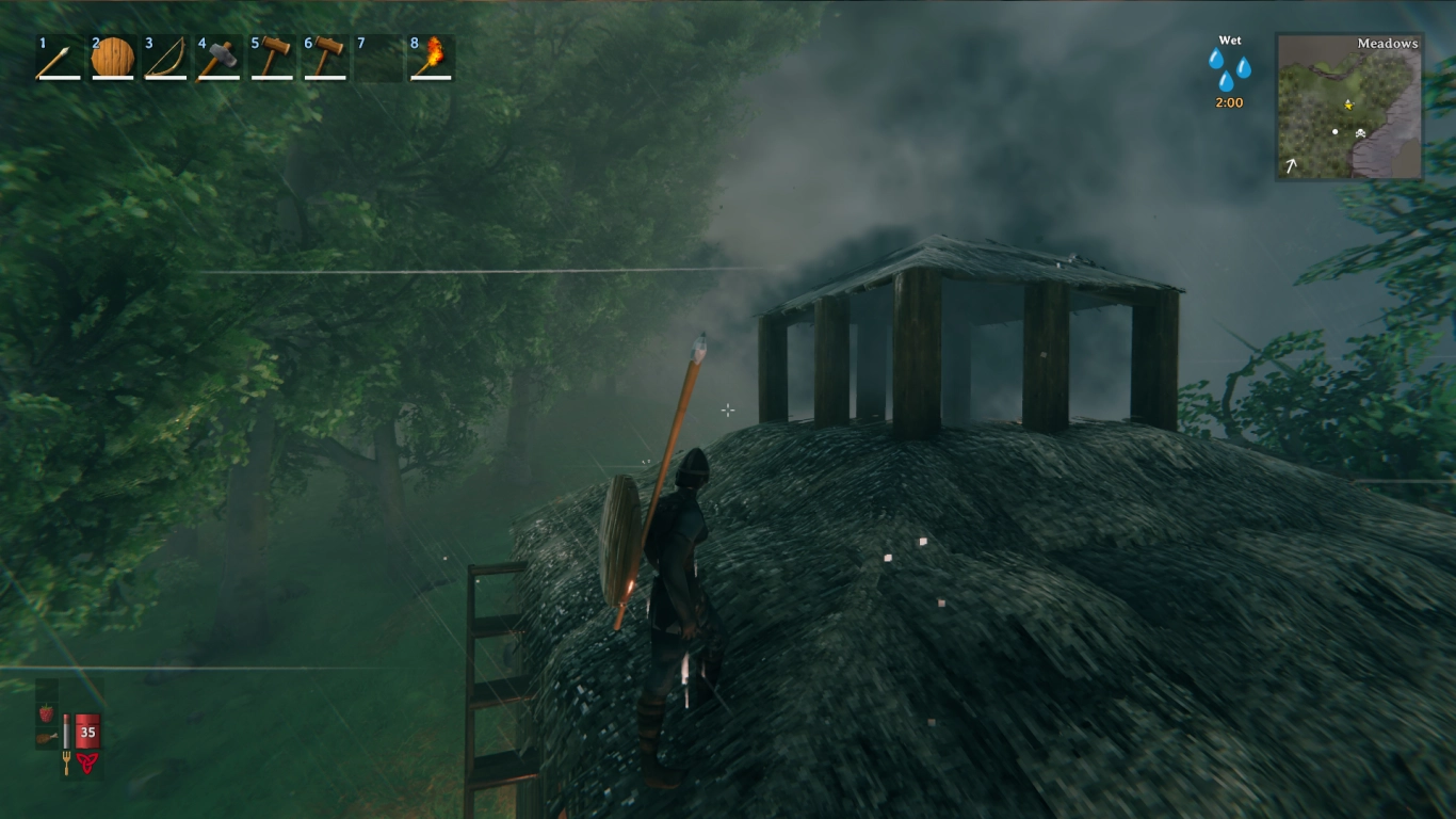 Valheim indoor campfire with proper smoke ventilation and chimney design