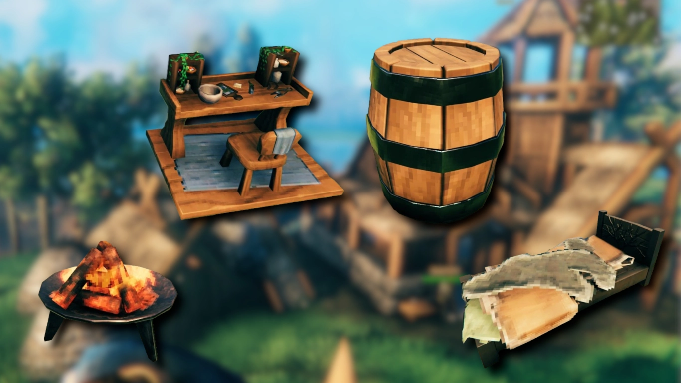 Valheim build elements like chests, torches, chandeliers, and crafting stations