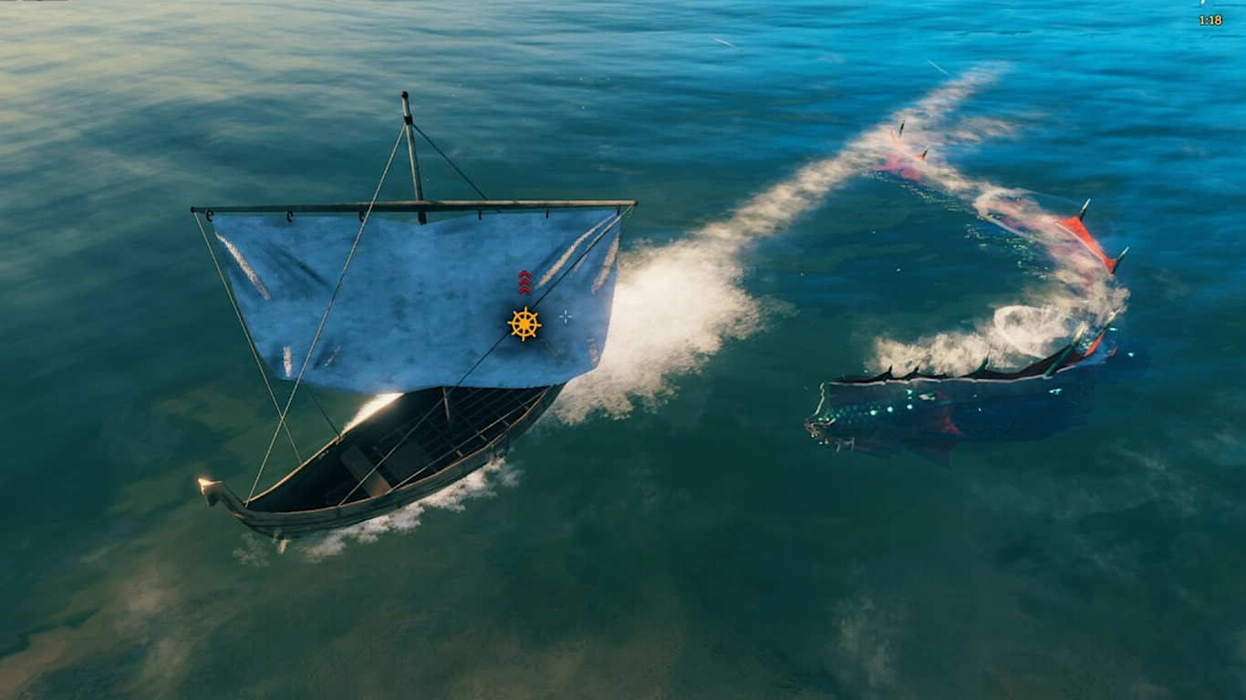 Valheim sea serpent attacking a ship on the high seas